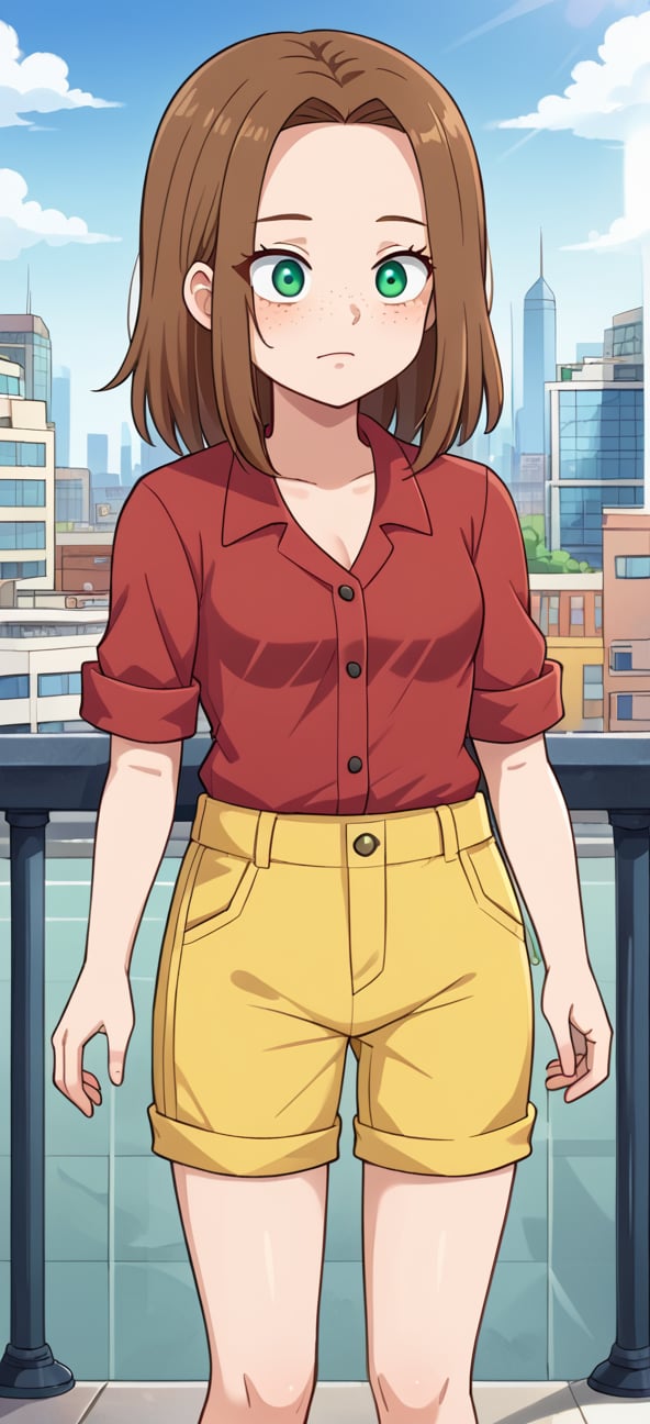 BIG FOREHEAD, S4rahLynnBH, brown hair, green eyes, looking at viewers, , Freckles, RED SHIRT, YELLOW SHORTS, city, day, outdoors, anime style,