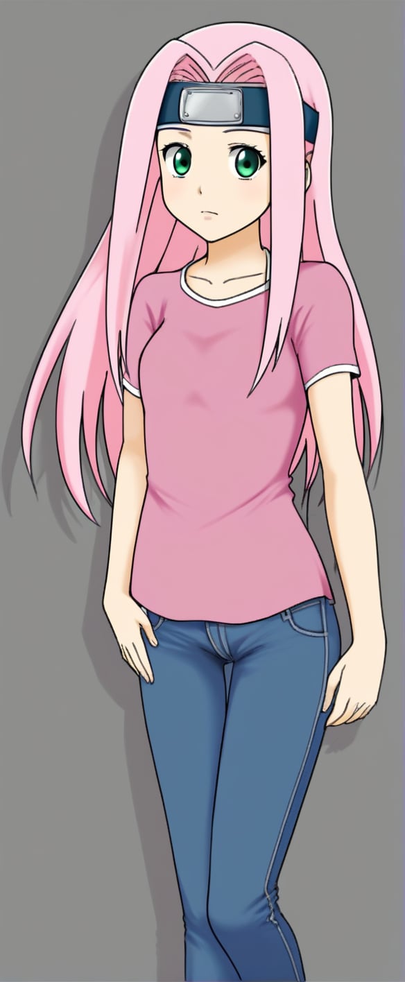 1girl, pink hair, long hair, green eyes, forehead protector, pink t shirt, raglan slevees, jeans,  Sakura