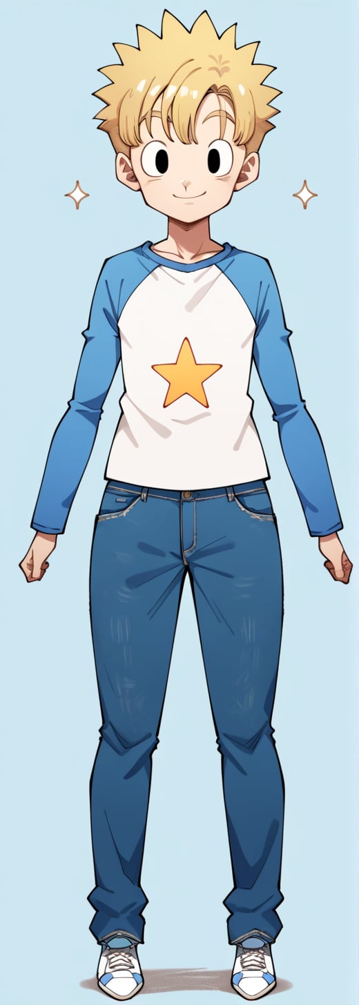 solo, smile, blonde hair, simple background, 1boy, full body, male focus, shoes, pants, star \(symbol\), black eyes, denim, sneakers, jeans, raglan sleeves,score_9_up,score_8_up,score_7_up,source_anime,akiratoriyama