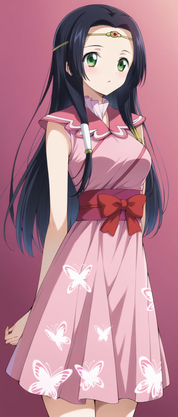 sumeragi kaguya, green eyes, black hair, long hair, circlet, hair tubes, red bow, pink dress, butterfly print, 
