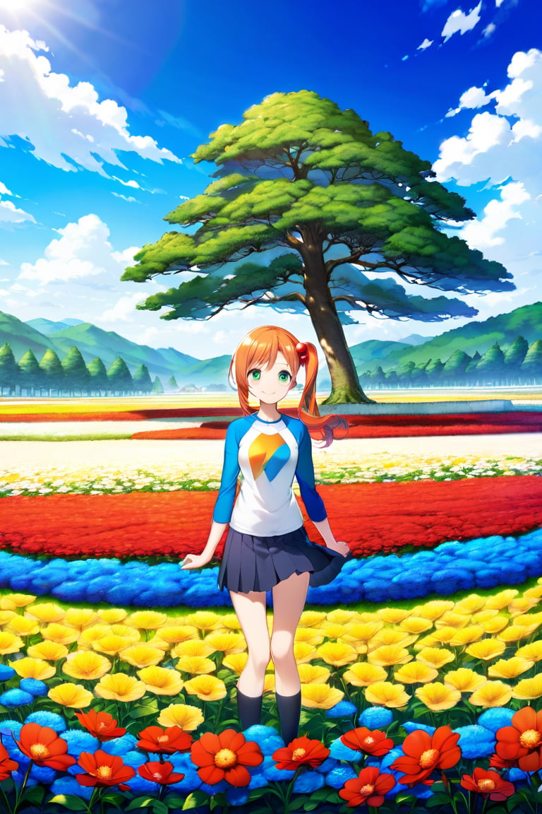 flower, outdoors, sky, day, cloud, tree, blue sky, no humans, red flower, nature, scenery, blue flower, yellow flower, field, flower field, garden, 1girl, solo, long hair, smile, skirt, simple background, hair ornament, green eyes, socks, orange hair, side ponytail, one side up, hair bobbles, black background, raglan sleeves