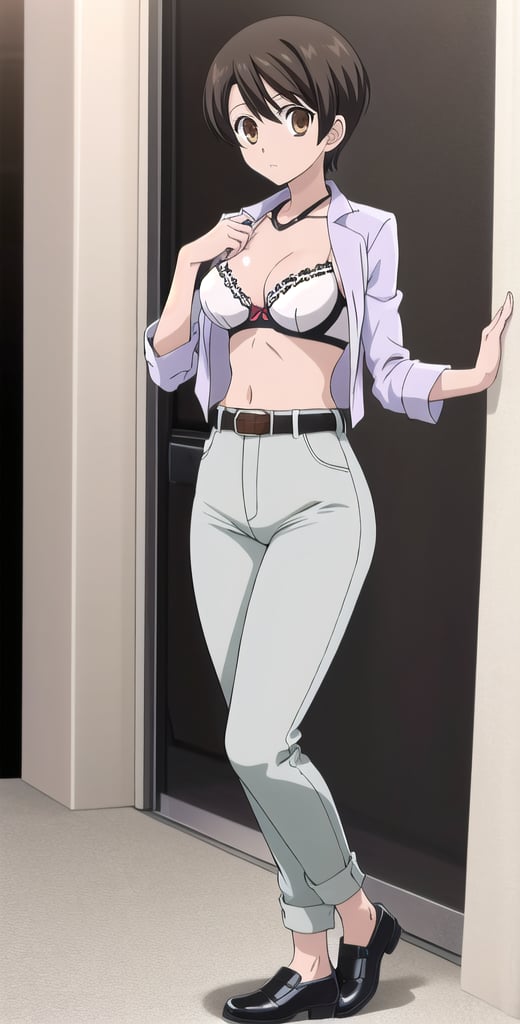 1girl, solo, Fujioka Haruhi short hair, white bra, pants, full boddy, toplles, standing, looking at viewers, belt, black shose,