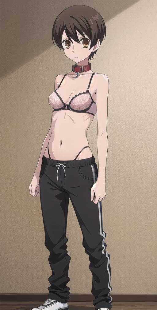 1girl, solo, Fujioka Haruhi short hair, bra, balck pants, full boddy, toplles, collar, standing