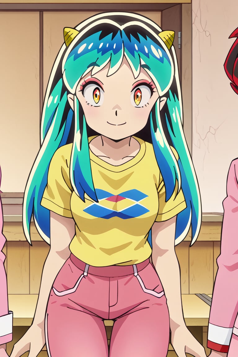  lum, oni horns, yellow  shirt, pink pants, smiling, looking at viewer,