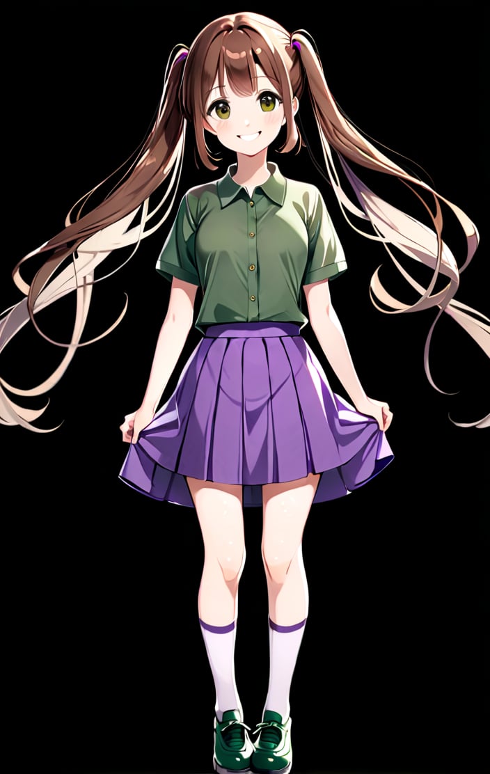 1girl, solo, long hair, looking at viewer, smile, skirt, simple background, brown hair, shirt, twintails, brown eyes, standing, full body, socks, black background, purple skirt, green shirt