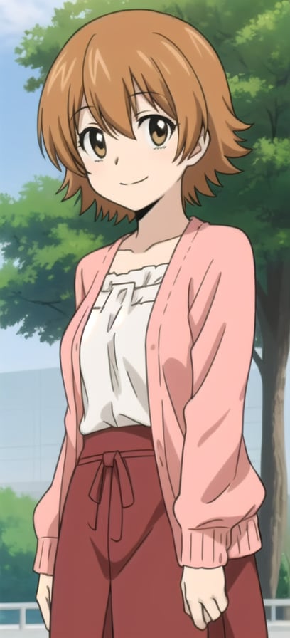 kyoko1, brown hair, short hair, brown eyes,pink cardigan, yellow dress, outdoors, park, masterpice, solo, looking_at_viewer, smiling, white soocks, full boddy