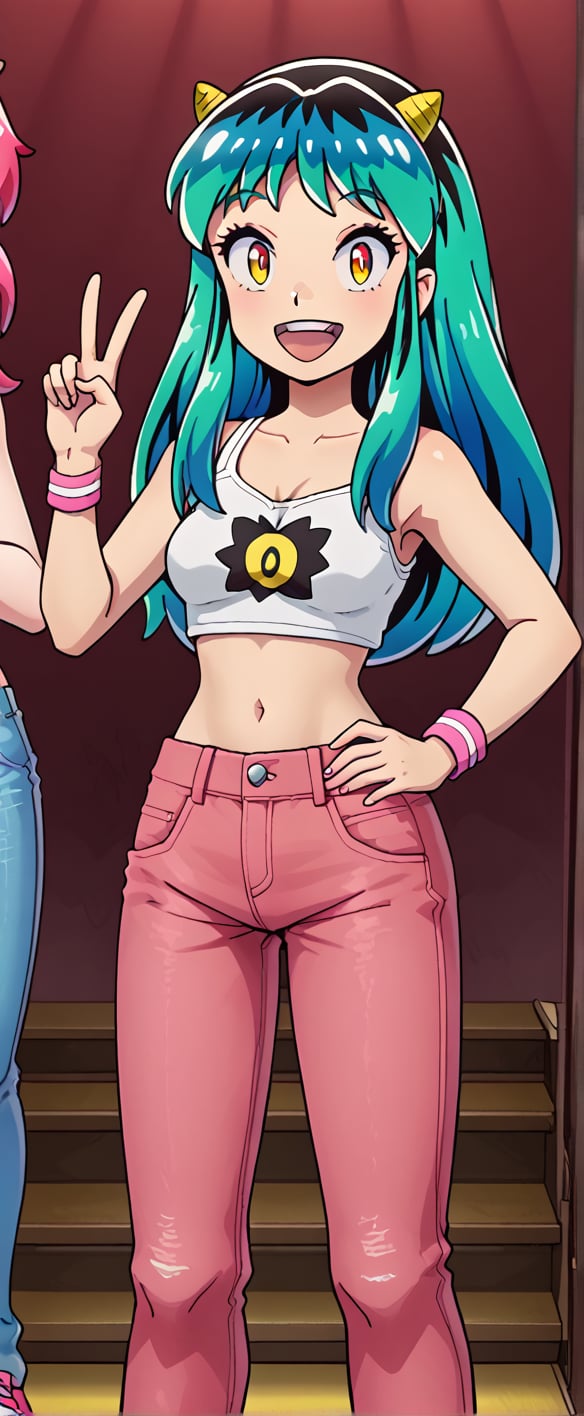 only one person, lum, oni horns, white tank top, red backgrownd, mouth open, pink jeans, smiling, looking at viewer, long hair, standing, crop top, mary jeane shose, pink wrist_band, hand on hip peace sing, peace hand