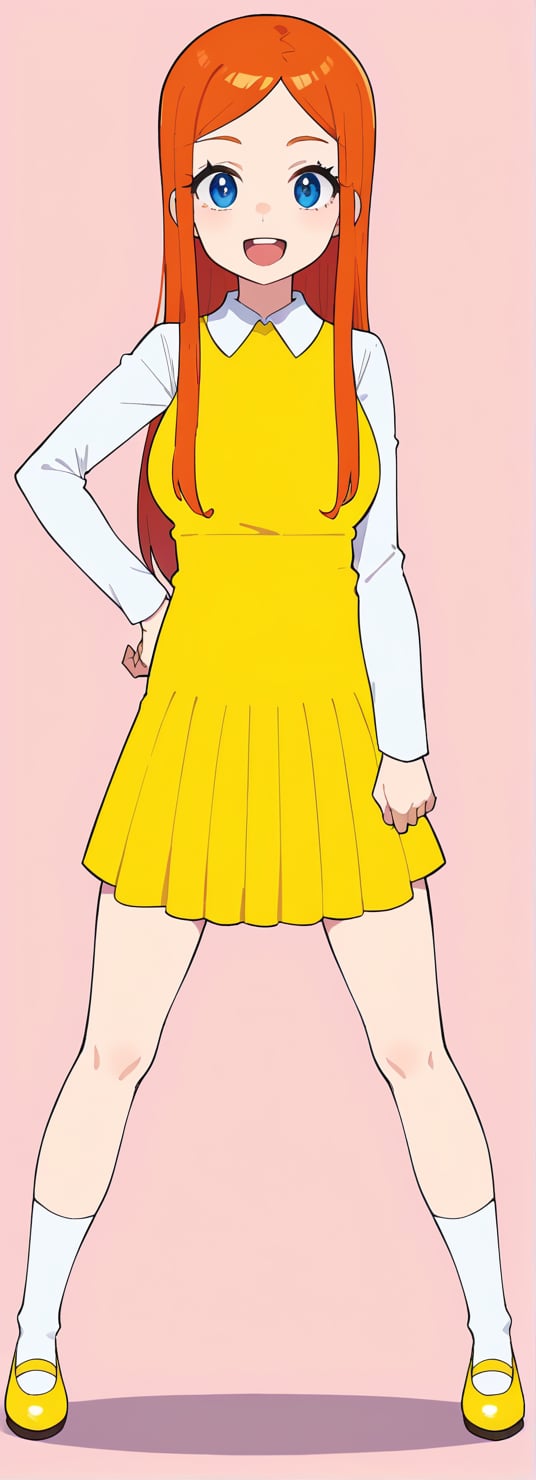 1girl, solo, long hair, looking at viewer, smile, open mouth, blue eyes, simple background, long sleeves, dress, standing, full body, red hair, shoes, socks, orange hair, hand on hip, pink background, mary janes, yellow dress, yellow skirt,BREAK,source_anime,score_7_up,score_8_up,score_9