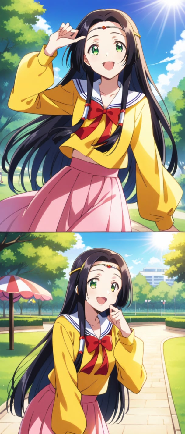 sumeragi kaguya, green eyes, black hair, long hair, hair tubes, red bow, yellow t shirt, pink skirt, butterfly print, long sleeves, smiling, sunny day, park, mouth open teeth, 
