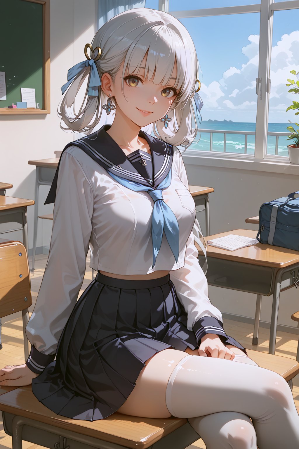 an anime girl dressed in white and blue sits on a chair on a desk, 1girl, thighhighs, solo, crossed legs, white thighhighs, skirt, school uniform, sitting, indoors, mole under eye, classroom, mole, jewelry, desk, long hair, looking at viewer, long sleeves, earrings, serafuku, black skirt, bangs, white shirt, hair ribbon, shirt, closed mouth, school desk, sailor collar, pleated skirt, white hair, grey eyes, ribbon, hair rings, neckerchief,jinhsi_(wuthering_waves),1girl