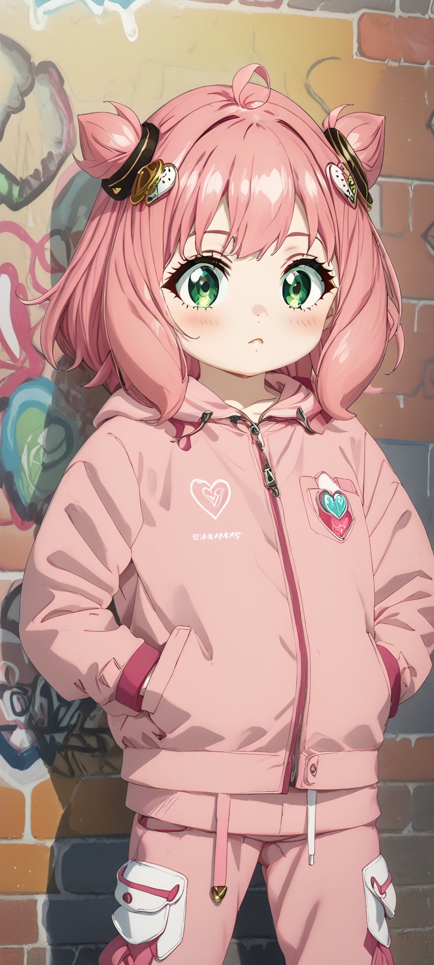 anya forger, bangs, green eyes, pink hair, ahoge, hair ornament, hairpods, child, female child, dark_techwear, pink jacket, hands in jacket pockets, pink joggers pants, fullbody, wall, graffiti, intricate_details_xl