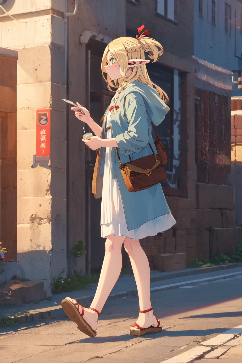 dmeshimarcil, casual clothes, strolling through city, sideview, full body shot