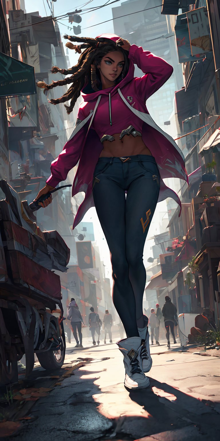 senna \(league of legends\), 1girl, mature, mature face, dark-skinned female, dreadlocks, green eyes, hoodie, hood on head, casual clothes, city, full body