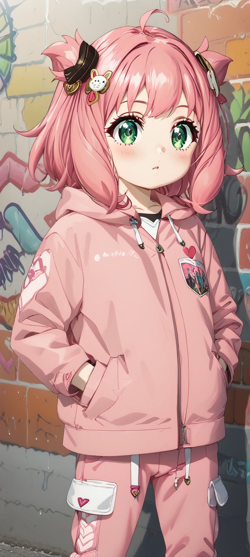 anya forger, bangs, green eyes, pink hair, ahoge, hair ornament, hairpods, child, female child, dark_techwear, pink jacket, hands in jacket pockets, pink joggers pants, fullbody, wall, graffiti, intricate_details_xl