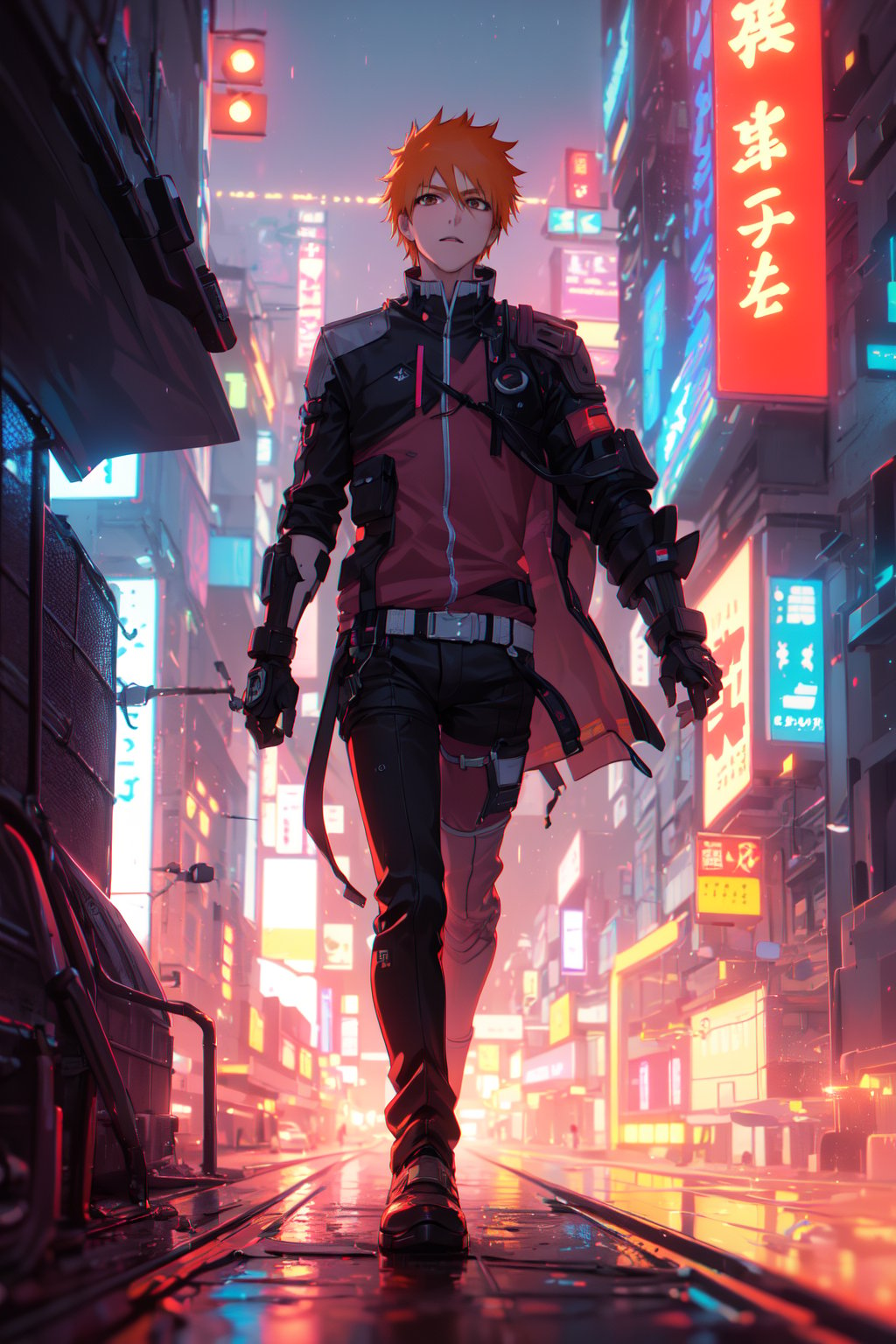 kurosaki ichigo, short orange hair, brown eyes, sole_male, full body, night city, cyberpunk