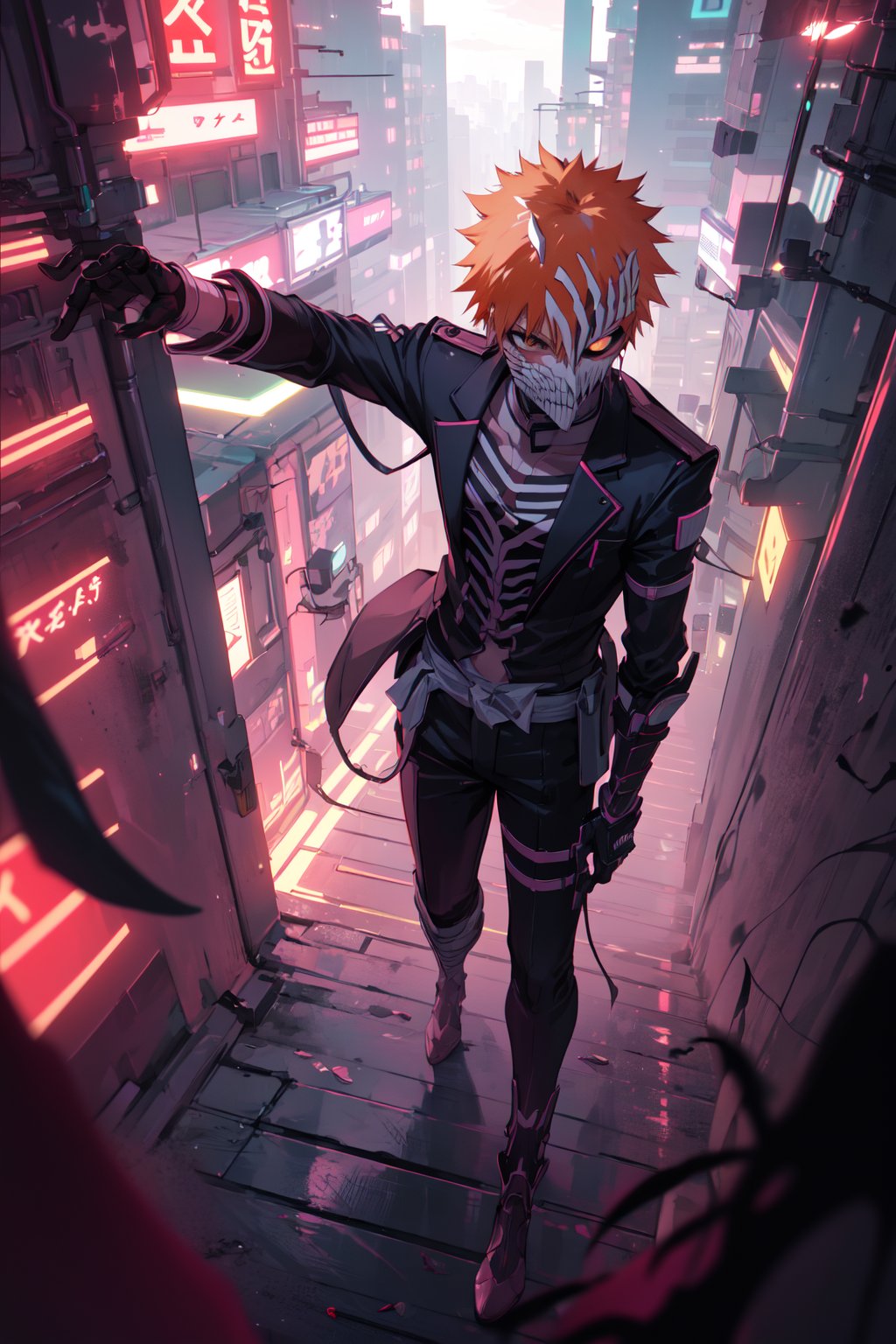 kurosaki ichigo, short orange hair, brown eyes, sole_male, full body, night city, cyberpunk, top down shot, hollow mask ichigo