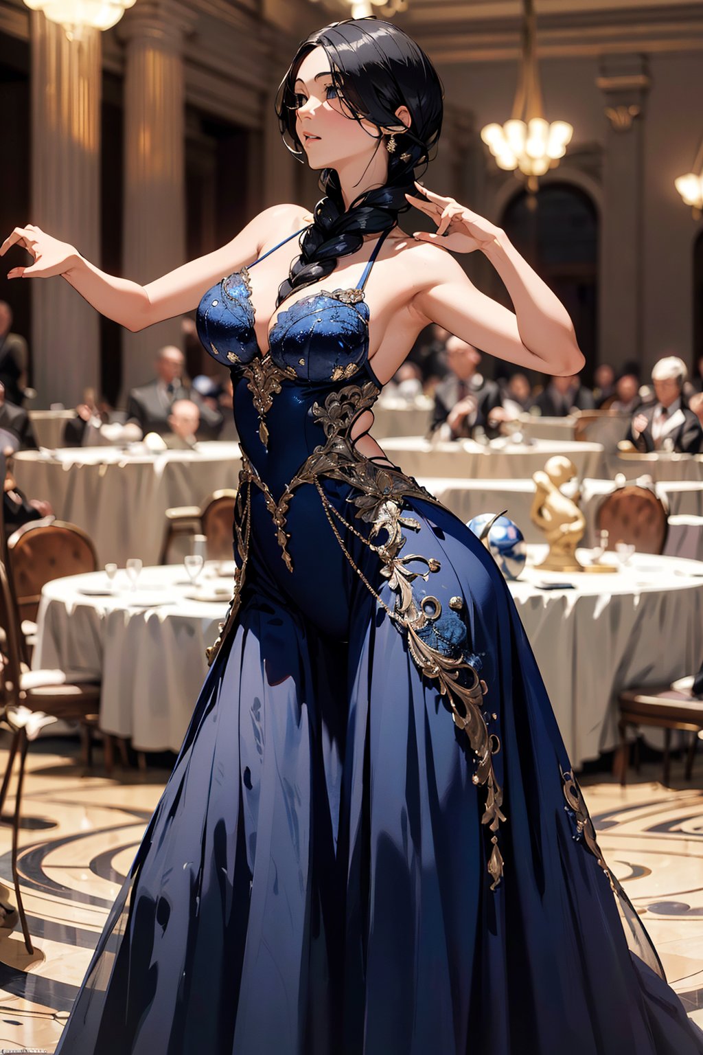 photo of (roman blue marble sculpture of the Aphrodite:1.3) , (dynamic pose), ballroom dancing pose, Detailed face, breathtaking ballroom gown, (wearing ballroom dress:1.4), absurdres, (intricate detail), (super detailed), 8k hdr, high detail, photorealistic, unohana retsu, single braid, 1 girl