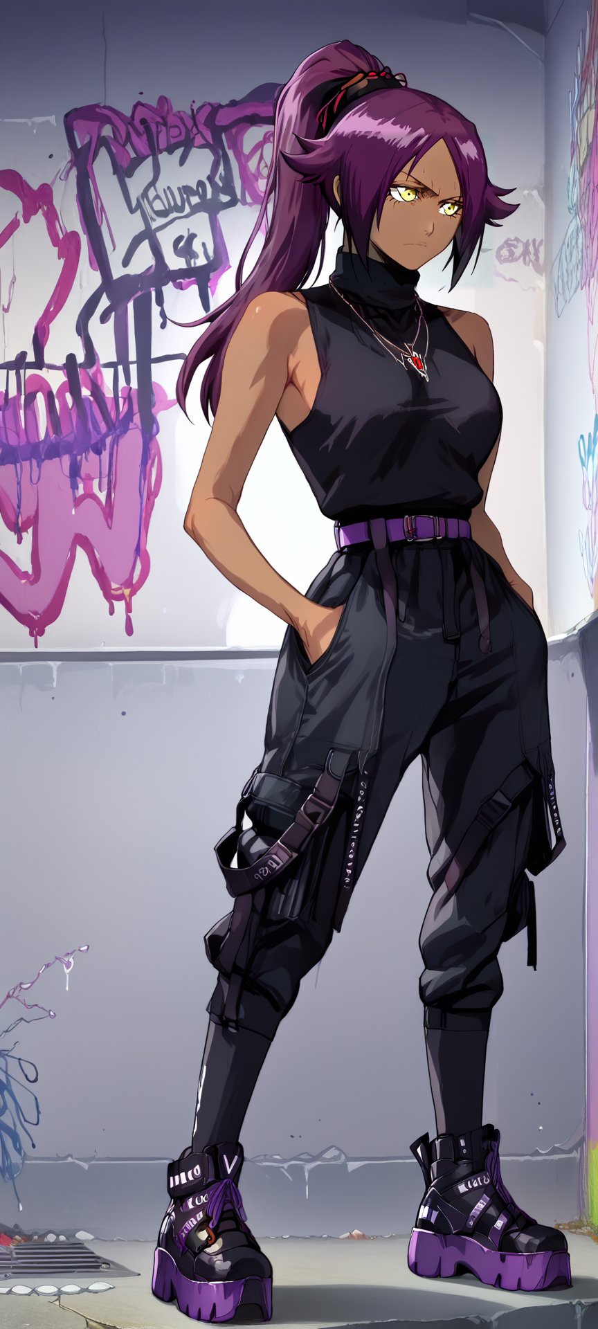 yoruichi shihouin, long hair, yellow eyes, black scrunchie, ponytail, purple hair, dark skin, dark-skinned female, dark_techwear, necklace, black shirt, turtleneck, sleeveless, hands in pockets, black pants, purple belt, black shoes, purple laces, full body, wall, graffiti