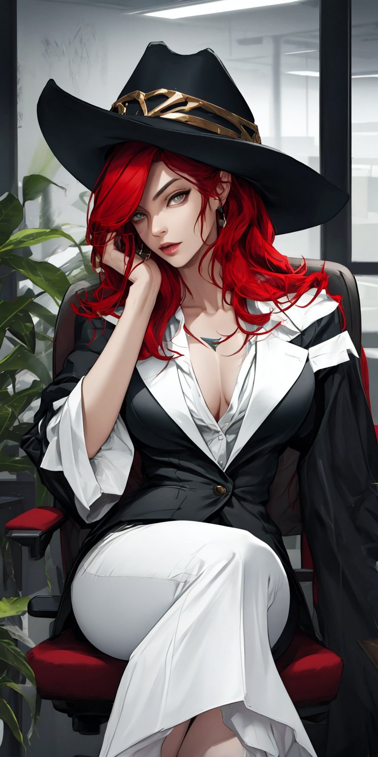 miss fortune \(league of legends\), red hair, pale geen eyes, mature, mature face, 1girl, mafia, Mafia clothes, mafia office, ((black fedora)), sitting