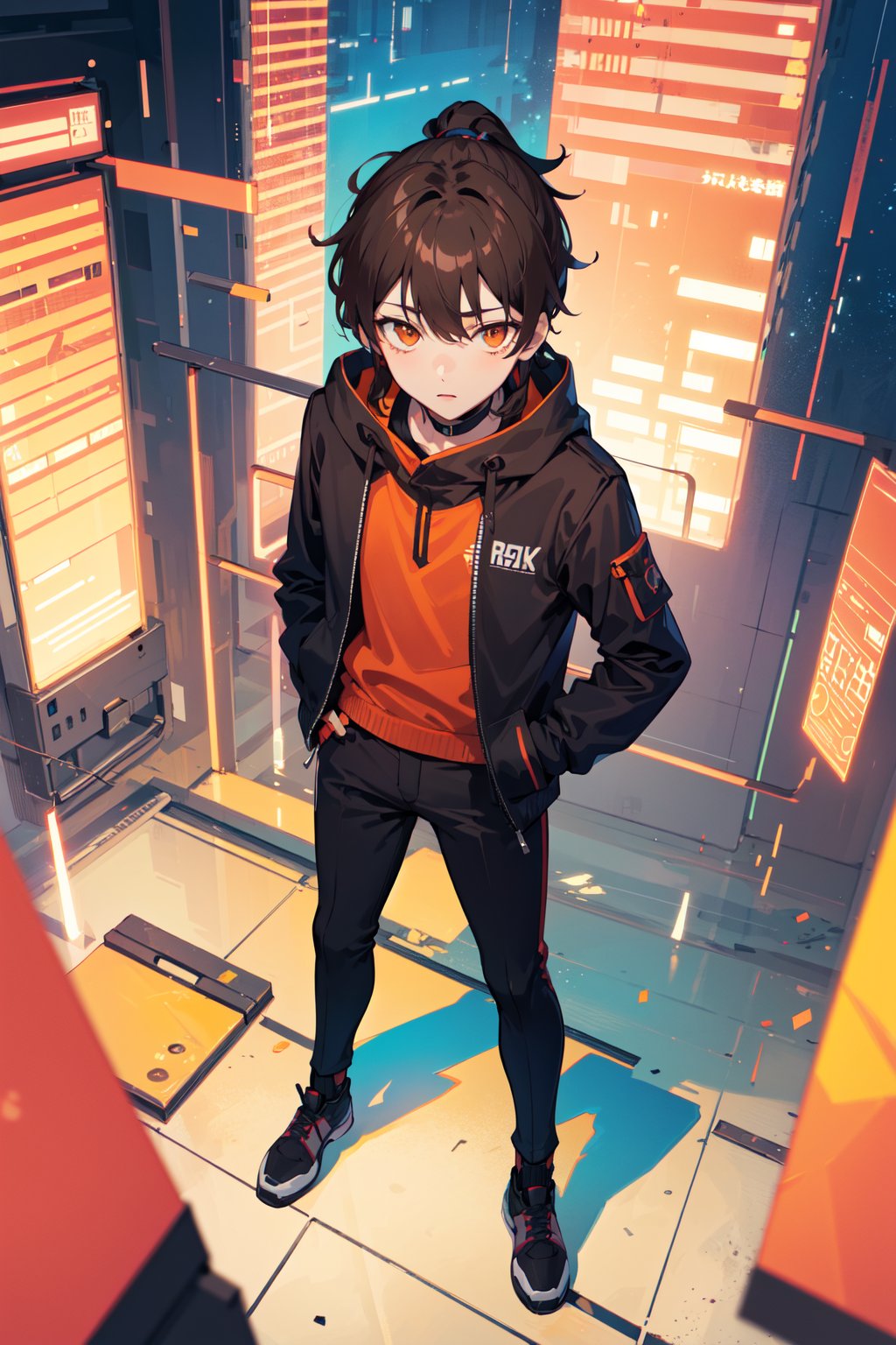 bam_kami_no_tou, brown hair, long hair, ponytail, orange eyes, 1boy, top down shot, full body