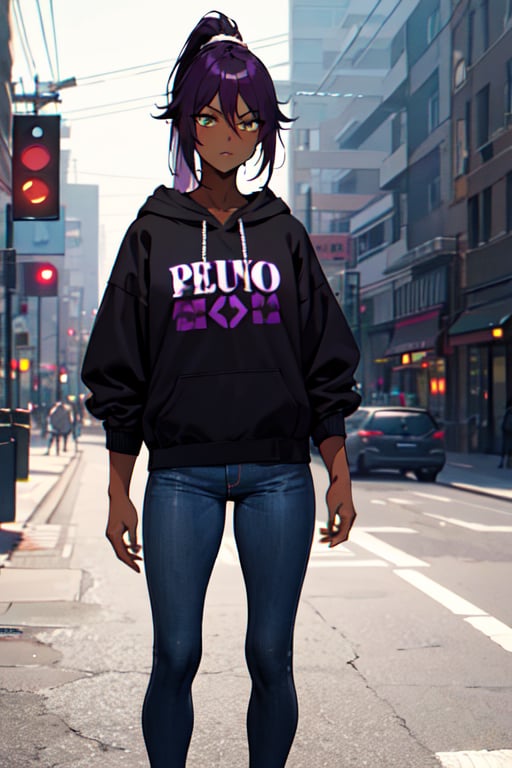 long hair, ponytail, purple hair, dark skin, dark-skinned female, neon purple hoodie, jeans pants, standing infront building, Shihouin Yoruichi
