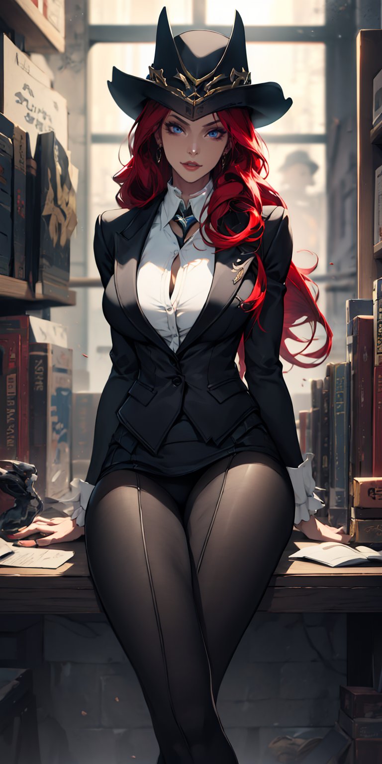 miss fortune \(league of legends\), red hair, pale geen eyes, mature, mature face, 1girl, mafia, Mafia clothes, mafia office, ((black fedora)), sitting