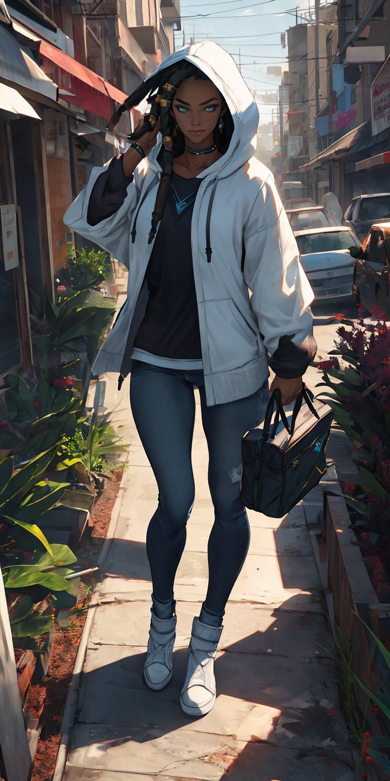 senna \(league of legends\), 1girl, mature, mature face, dark-skinned female, dreadlocks, green eyes, white hoodie, hood on head, casual clothes, city, full body