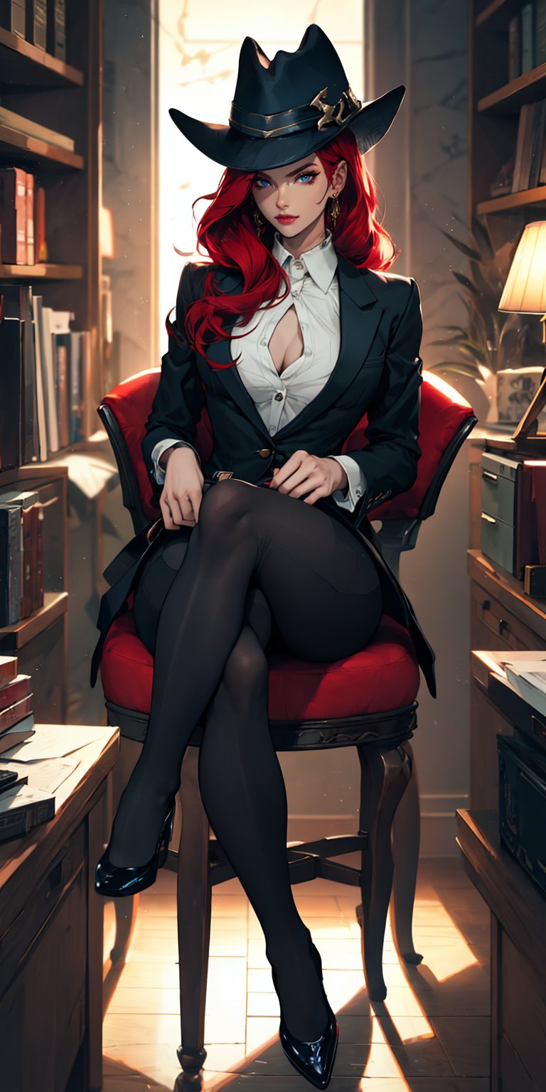 miss fortune \(league of legends\), red hair, pale geen eyes, mature, mature face, 1girl, mafia, Mafia clothes, mafia office, ((black fedora)), sitting