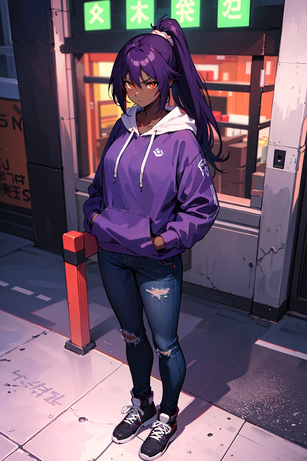 long hair, ponytail, purple hair, dark skin, dark-skinned female, neon purple hoodie, jeans pants, standing infront building, Shihouin Yoruichi