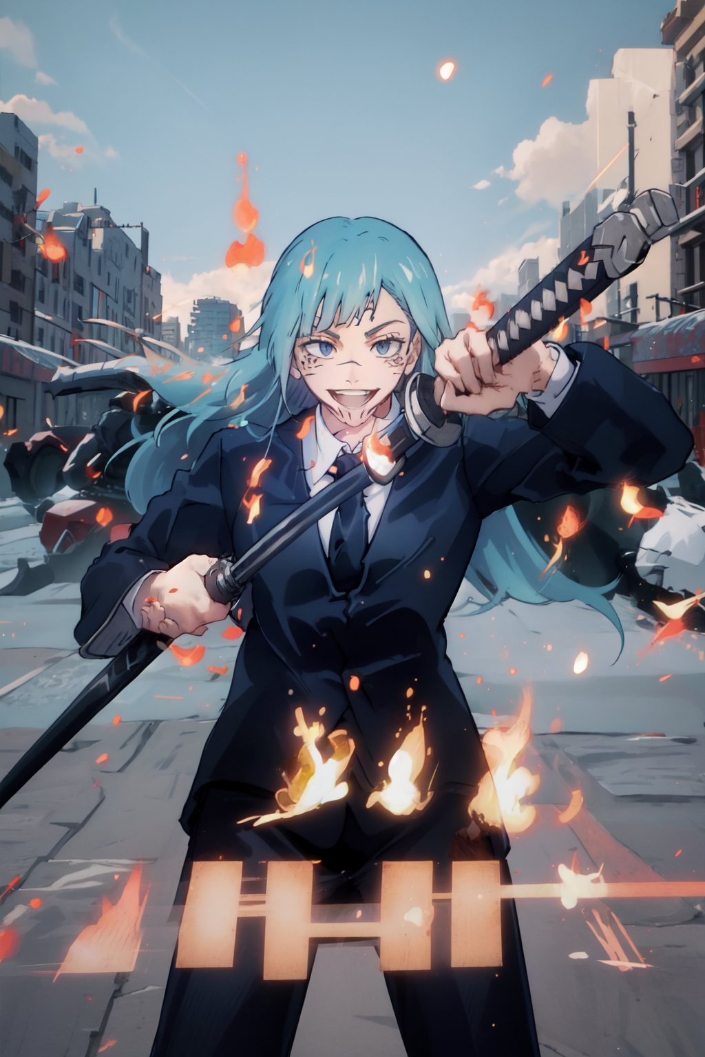 eft_jjk_miwa, crazy smile, long hair, blue hair, formal, suit, white shirt, black necktie, collared shirt, blazer, school uniform, long sleeves, wing collar, battle stance, sukunatattoo, city, surroundings on fire, IncrsUnsheathingAKatanaMeme, sheath, holding sheath,  1girl