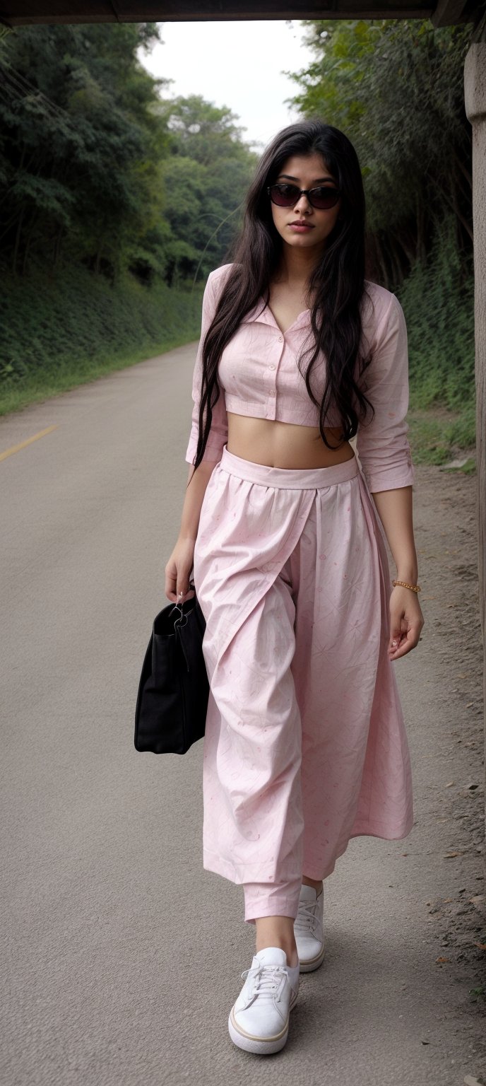 Lovely cute young attractive indian  girl and boys, 20 years old, cute long black_hair,  black  hair,  They are wearing a  pink , patterned white shirt and black salwar, black sunglass , black shoes. Highway