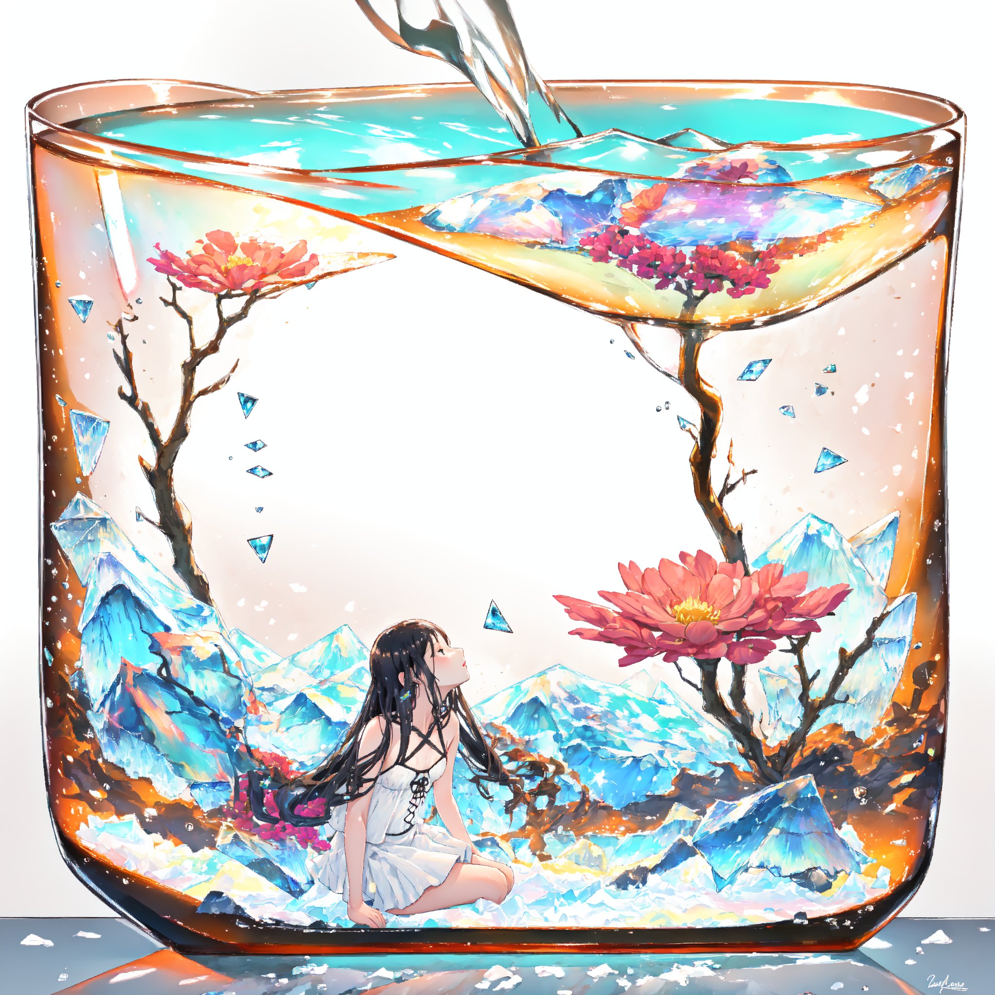 girl in a pink dress, long black hair, sitting on the edge of a gin and tonic glass filled with water and 3 small ice cubes, with some decorative flowers, flowers in the background, water drops in the glass created by the ice. white background, reflections, hd, bright colors.,white camisole