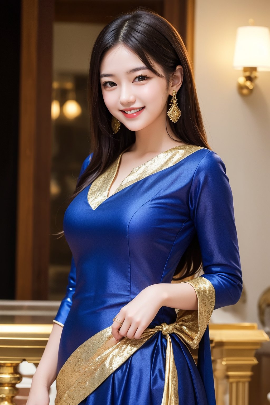  1 girl,age 19, cute smile ,Sexey , wearing golden blue parti dress