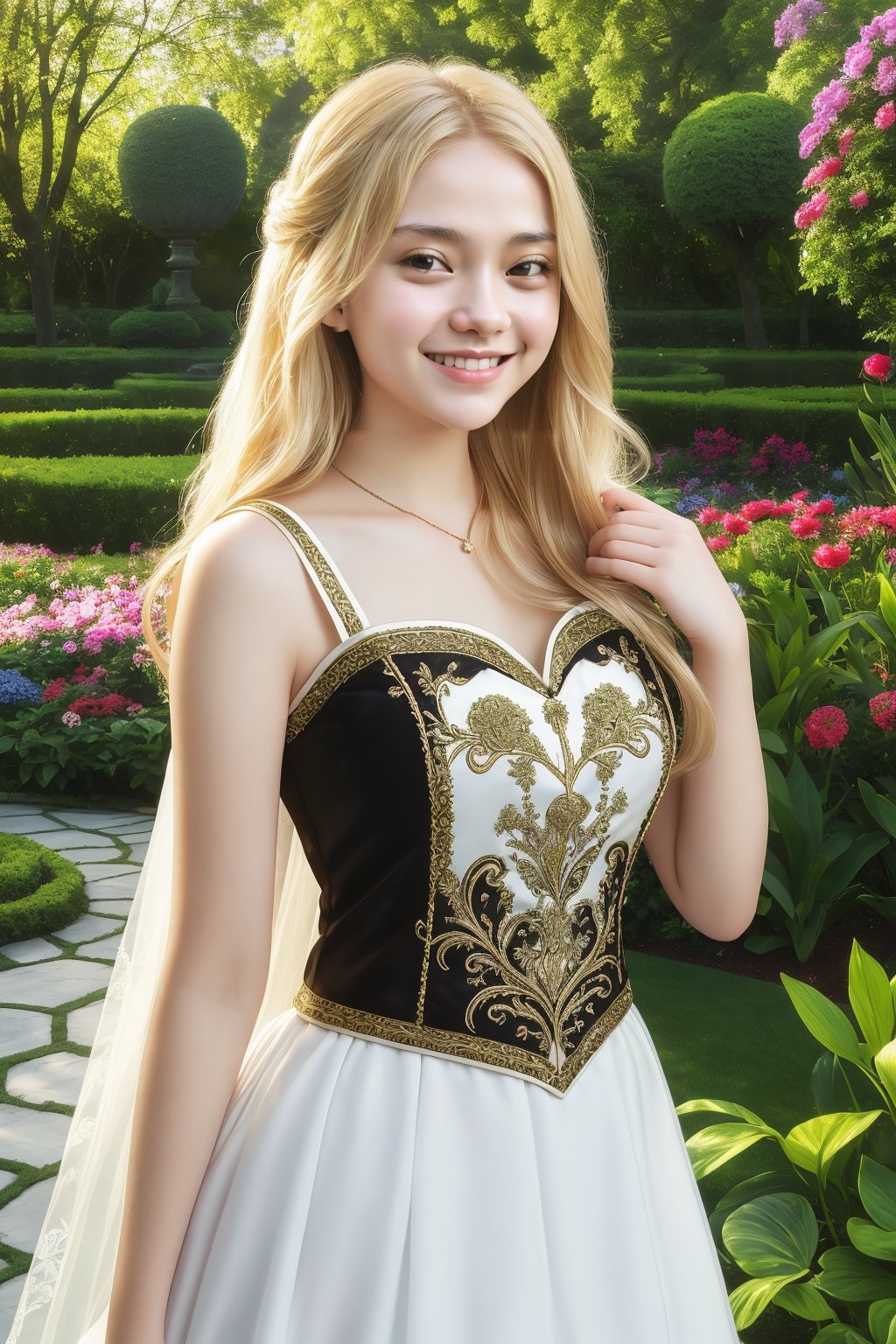 1girl, Beautiful young woman, blonde, smiling, (in beautiful Ukrainian national costume embroidery ornament white, black), sunny day, botanical garden, realistic