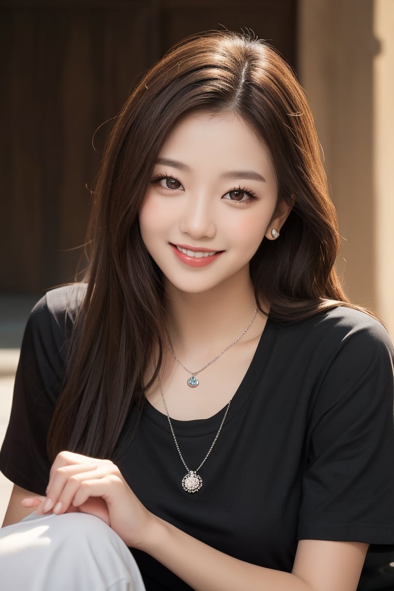 1girl, solo, long hair, looking at viewer, smile, brown hair, shirt, black hair, brown eyes, jewelry, sitting, upper body, short sleeves, necklace, blurry, lips, black shirt, blurry background, facial mark, forehead mark, realisti