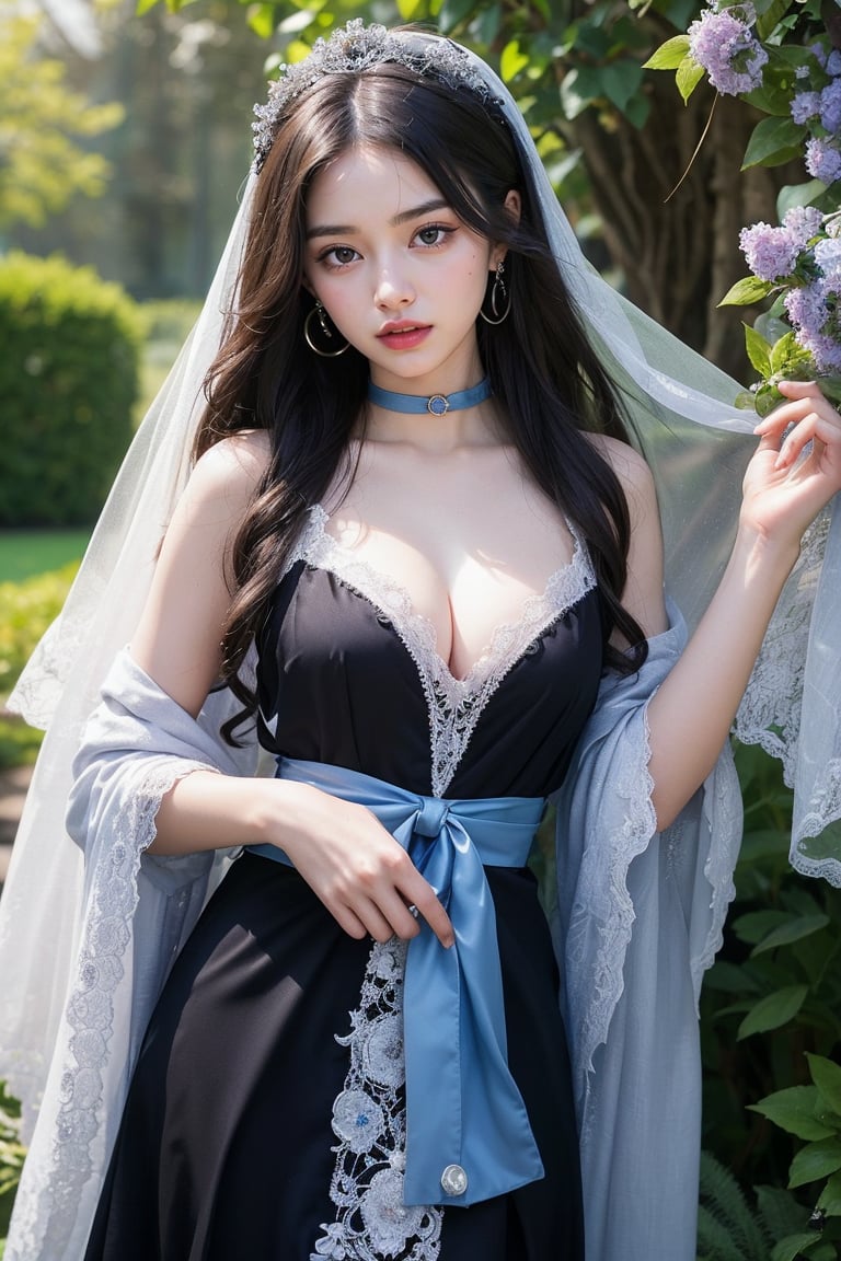 In the heart of an enchanted garden, a woman with cascading curls of midnight black tends to the flowers with gentle care. Her skin is as pale as the petals she lovingly tends, and she wears a simple dress of azure blue, tied with a sash of silver that glimmers in the sunlight.