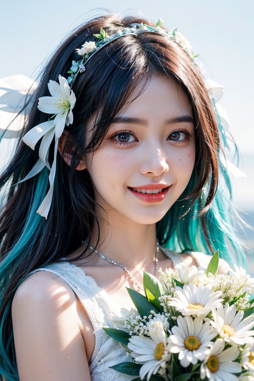 miku hatsune, long hair, white flower garden, wedding dress, holding bouquet, sliming, blue sky, no cloud, smiling, open mouth ray tracing, cinematic lighting, cuteness, freedom, hope, sharp focus, vibrant color, depth of field, cowboy shot, (intricate detail:1.2), (white theme:1.4), (blue tone:1.4), illustration, watercolor art, perfect light, 1 girl, beautiful korean girl, 18 yo, over sized eyes, big eyes, smiling, looking at viewer