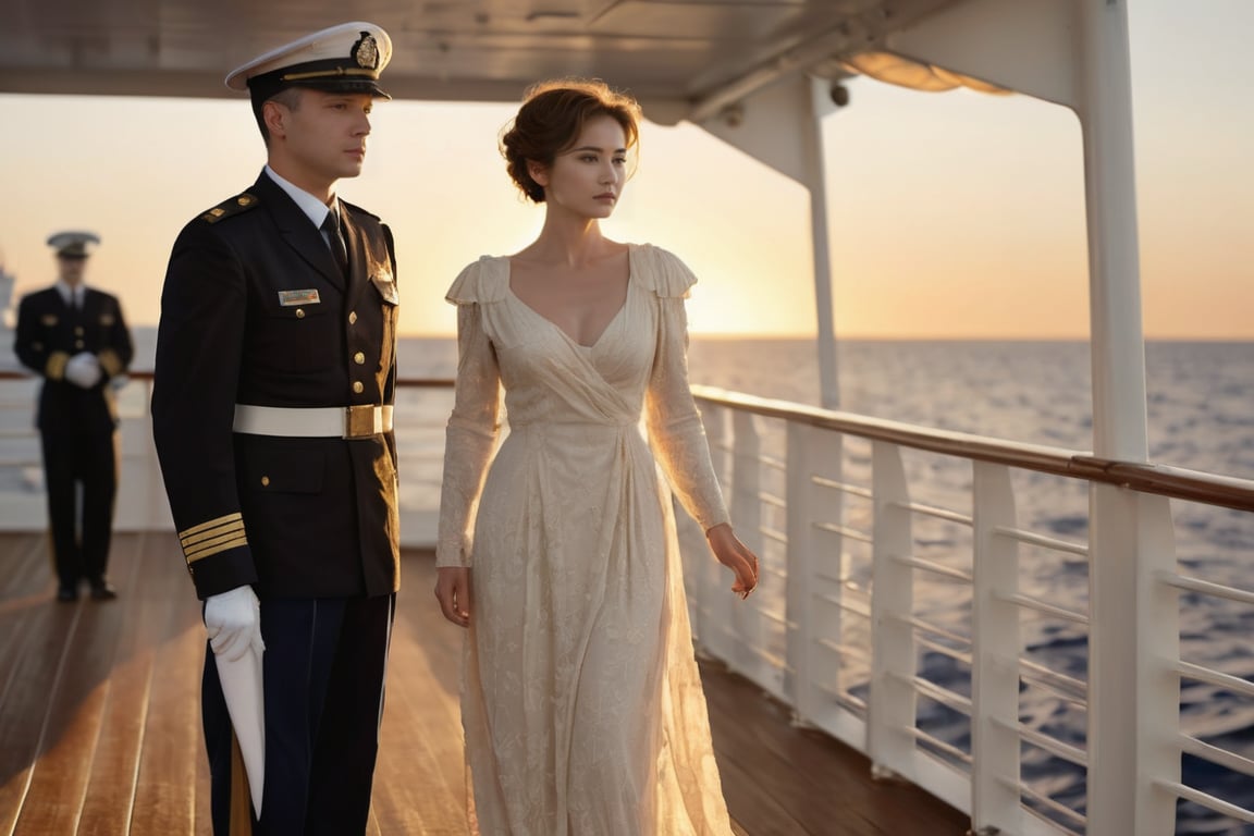 A solemn moment unfolds as the handsome male officer, dressed in crisp military attire, stands at attention on the deck of the departing ship, his short hair and stern expression conveying duty-bound responsibility. The warmth of the setting sun casts a golden glow on the scene, highlighting the poignant farewell between him and his long-locked, beautiful wife, elegantly attired in a flowing dress, her waving goodbye infused with a hint of sadness as she struggles to hold back tears.