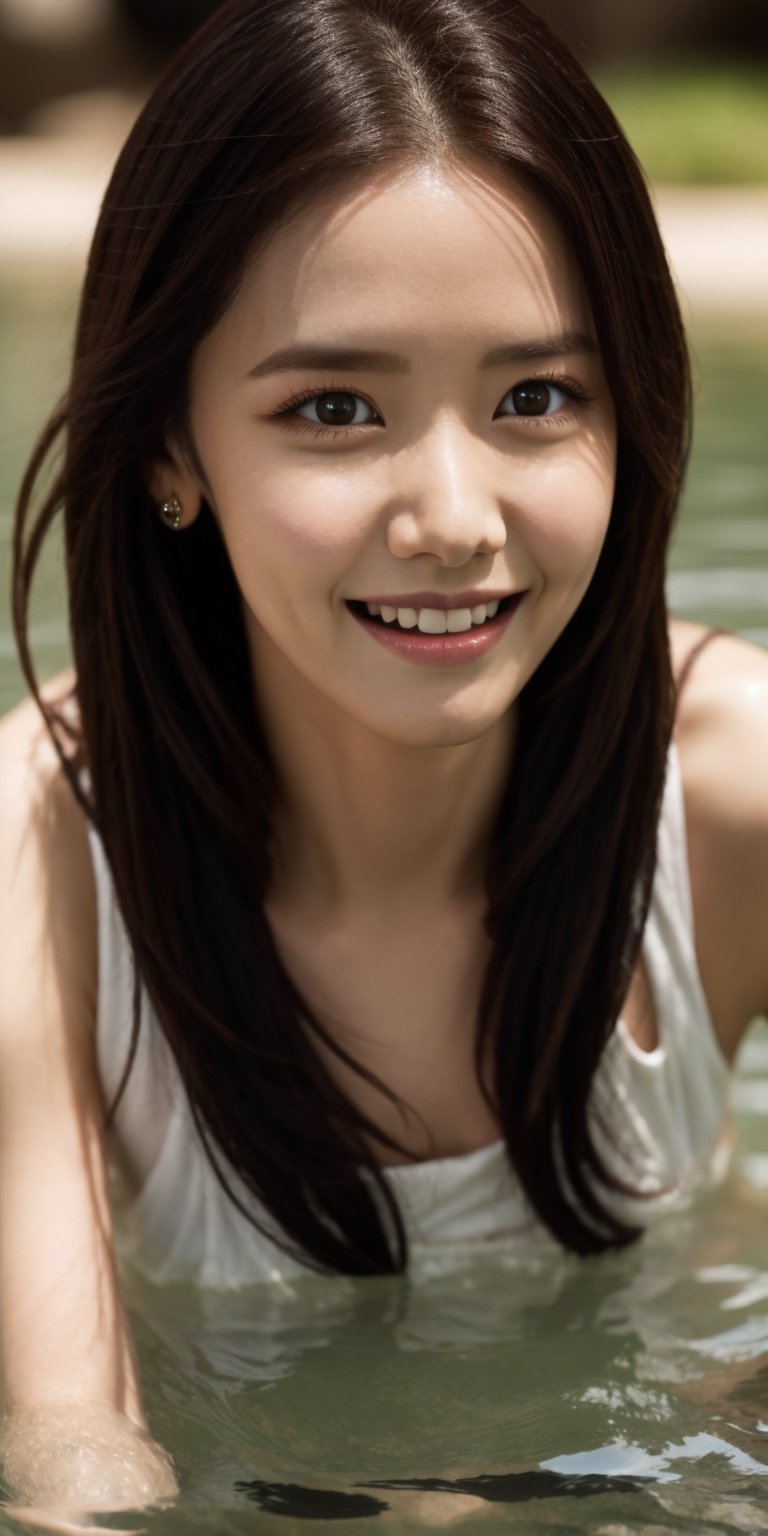 Hight quality, best quality, hd, 8k, reaslistic, draw me a young Yoona,jumps into the water,looking at the camera,face close up, posing, character album cover,style of bokeh, wide shot camera, looking at camera, laughing out loud, cinematic lighting, photorealistic, appropriate comparison of cold and warm, hair over one eye,Beauty,yoona,Cutest baby ,sugar_rune