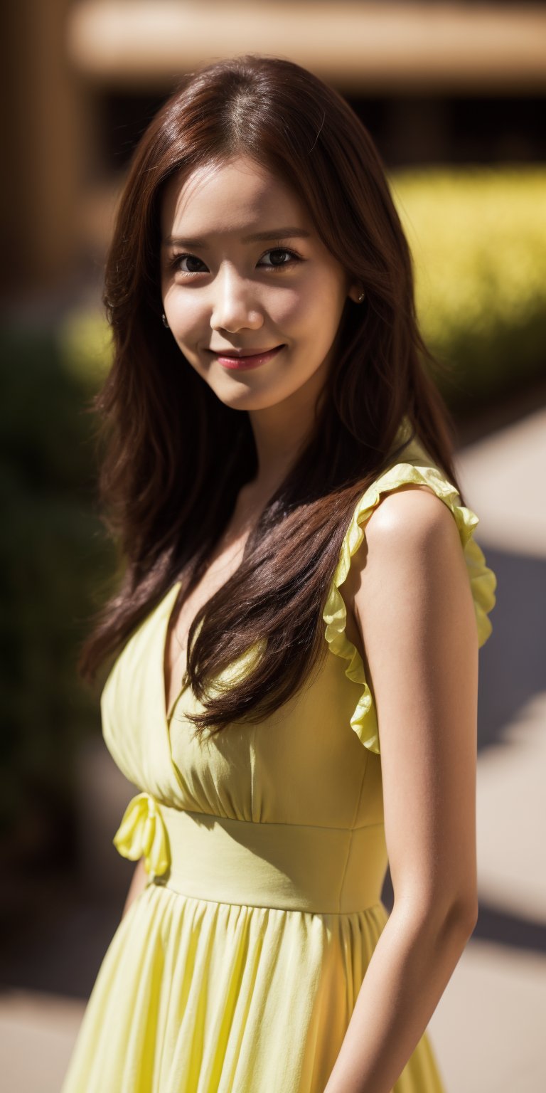 Hight quality, best quality, hd, 8k, reaslistic, draw me a young woman,looking at the camera, posing,ulzzang, streaming on twitch, character album cover,style of bokeh, wide shot camera,long yellow dress,looking at camera, smile, cinematic lighting, photorealistic, appropriate comparison of cold and warm, hair over one eye, reality,idol,Beauty,yoona,Cutest baby ,sugar_rune