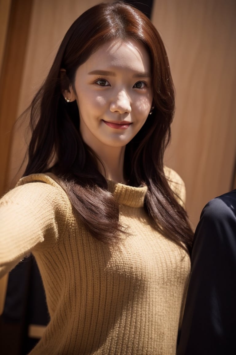 Lim Yoon Ah,22yo, korean makeup,Korean, tall, slender, black hair, yoona crooked legs, yoona protruding forehead, (yoona straight low eyebrows), yoona eyes, dark brown pupils, left eye narrower than right, high yoona cheeks, upturned long  asian nose, thin yoona lips, shy smile, The corners of the lips are deep, dimples on yoona cheeks, high yoona jaw, blunt yoona chin, selfie,a full body shot,lora:IcfgirlLora_v40:1,Beauty,photorealistic