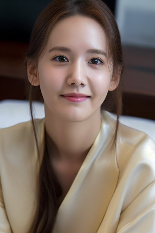 Yoona, 24 years old, smile Yoona's emotion, furrowed brows, elegant, Yoona's prominent narrow forehead, slightly sloping nose, Yoona cheekbones, Yoona chin, korean makeup,  photogenic pose, overhead view, HQ, magnification by a professional
camera