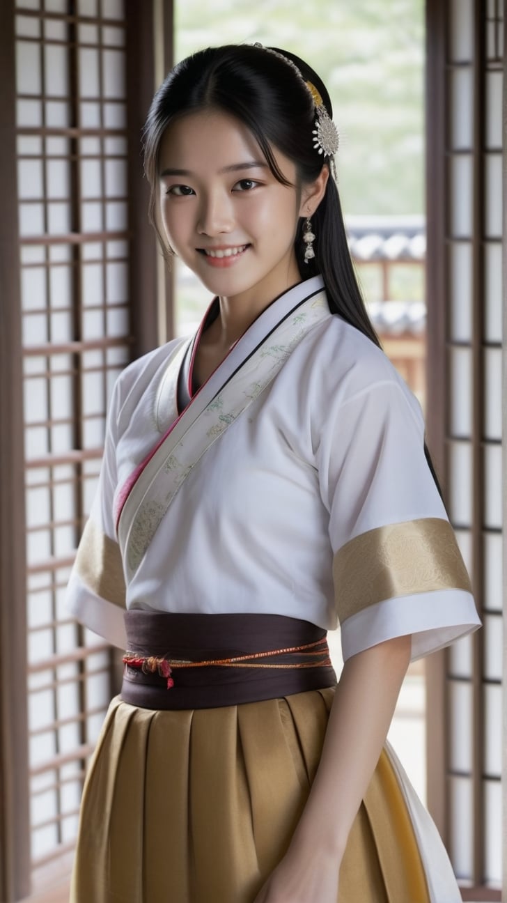 One girl, solo, long hair, looking at the viewer, smile, skirt, black hair, brown eyes, jewelry, closed mouth, indoors, white top, window, incorporating the traditional hanbok of a yangban house daughter from the Joseon era, with pleats, elegant, expressing feminine beauty, detailed, high quality, ultra-detailed, realistic





