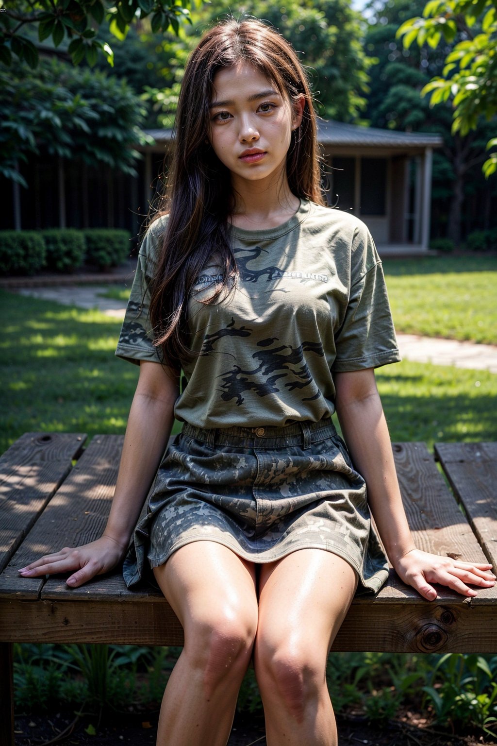 hallow depth of field, vivid colors, photorealistic, RAW, 16K, masterpiece, UHD, full body shot, sharp focus, professional, bokeh, Korean female soldier, messy long hair, camo military fatigues, wearing military cotton t-shirt, camo military skirt, outdoor, barracks, loving gaze