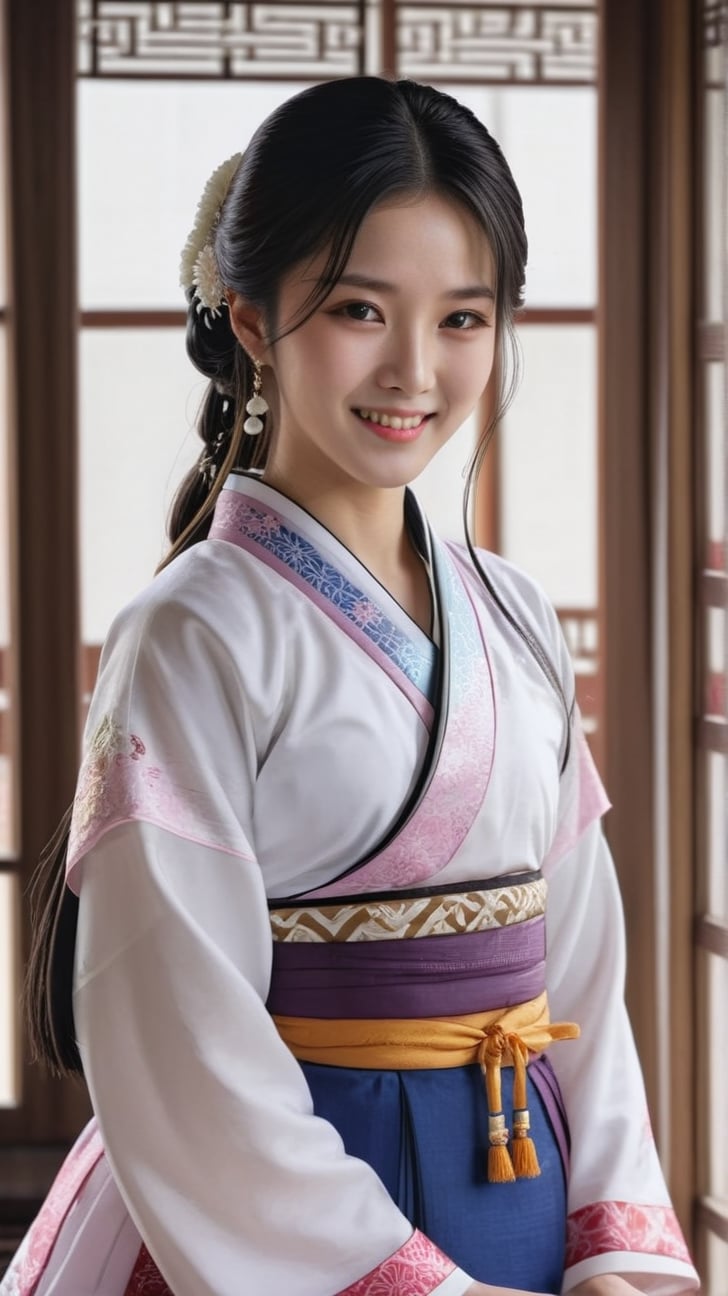 One girl, solo, long hair, looking at the viewer, smile, skirt, black hair, brown eyes, jewelry, closed mouth, indoors, white top, window, Korean hanbok (chima and jeogori), detailed, high quality, ultra-detailed, realistic