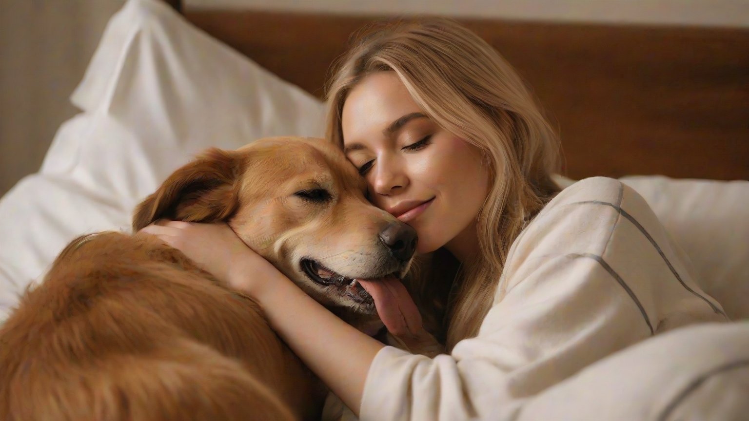 A cinematic masterpiece: A soft, natural light envelops the scene as a 21-year-old influencer, exuding gentle femininity, cradles her dog in a warm embrace. Her long, fiery blonde locks cascade down her back, framing her detailed, toned face with subtle makeup. She's dressed in cozy pyjamas, adding to the tender moment. The camera captures the intimacy, with a shallow depth of field blurring the background, emphasizing the affectionate bond between the influencer and her loyal companion.