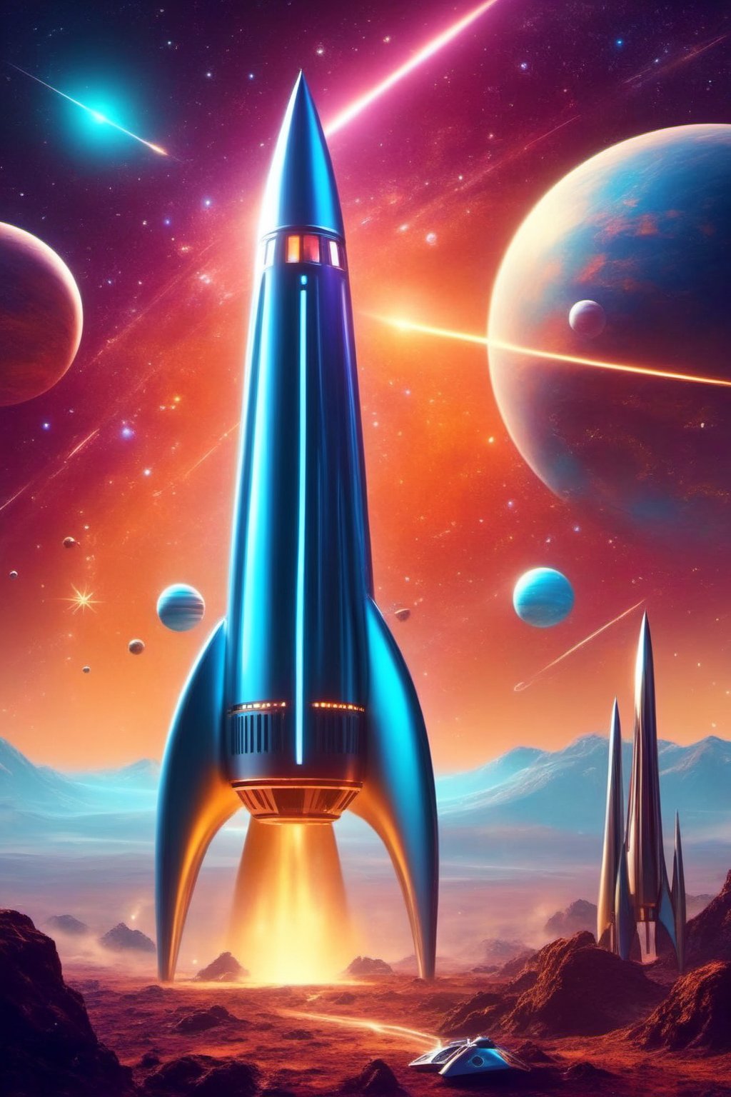 A galactic war scene in outer space filled with bright stars and distant planets. The spaceships involved in the conflict have a retro design inspired by 1950s aesthetics, with vibrant colors and classic streamlined shapes. I want the ships to have details like 1950s style fins, glass domes, and flashing lights. The battle unfolds with laser beams and spectacular explosions. The image should fuse the futuristic style of science fiction with the nostalgia of the vintage era.