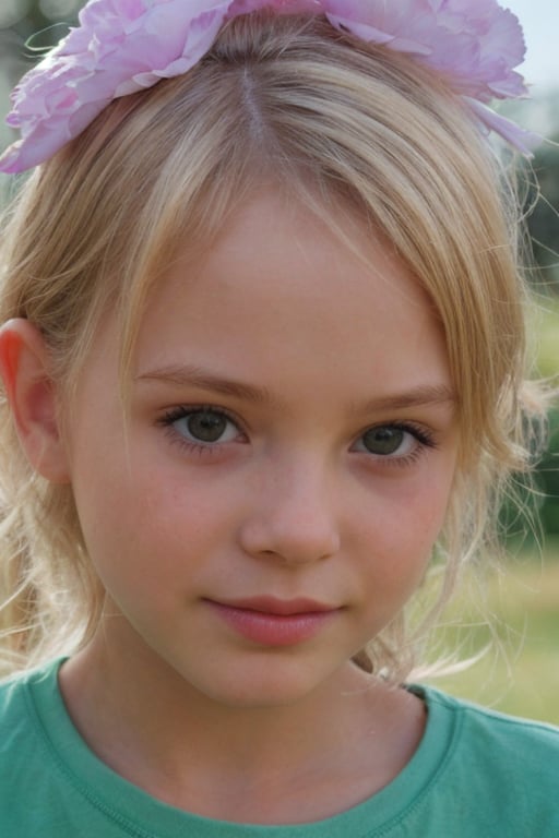 realistic, 5yo, woman,face, flowers in hair, t shirt, 1girl,blonde hair,cute,beautiful face,