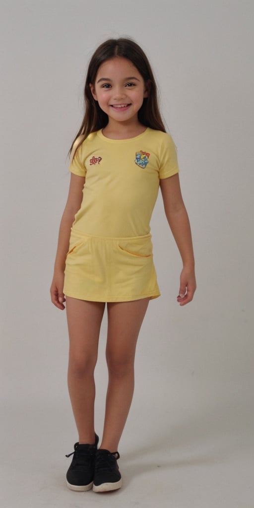 A 7-year-old girl stands proudly against a crisp white background, her bright eyes shining with wonder. The full-body shot frames her petite figure, contrasting her vibrant features against the uniform texture. Soft lighting accentuates her youthful energy. She's posed naturally, as if caught in a moment of excitement. Capture the scene with a smartphone camera, emphasizing the sense of spontaneity and playfulness.