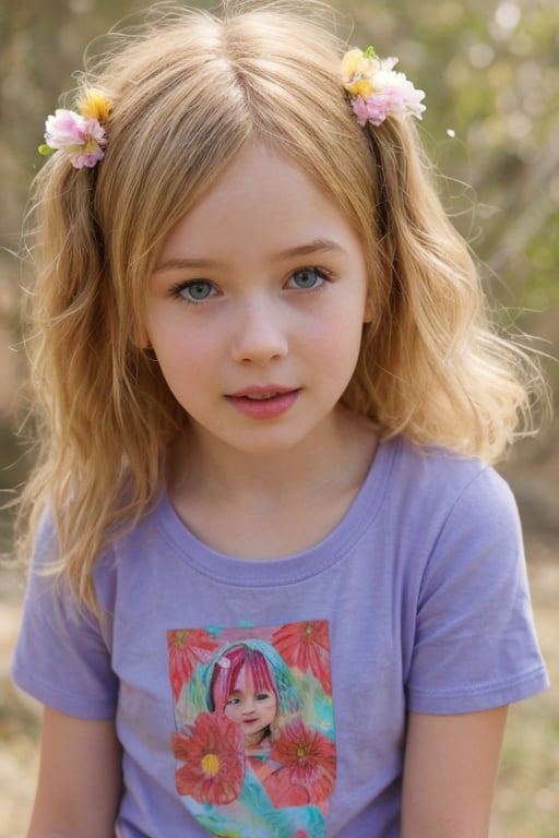 realistic, 5yo, woman,face, flowers in hair, t shirt, 1girl,blonde hair,cute,beautiful face,
